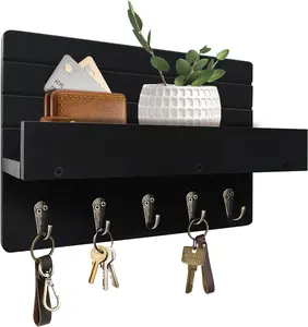 Rustic Key Holder Wall Mount with Shelf – Wooden Entryway Key & Mail Organizer Rack with 5 Hooks for Keys, Dog Leash, Sunglasses & Accessories
