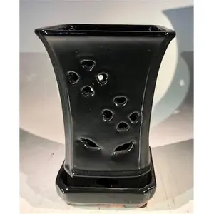 Ceramic Orchid Pot with Attached Humidity Drip Tray, Black - Square