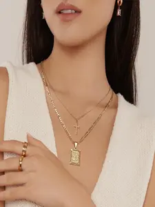 Letter Cross Necklace, 14k Gold Plated Square Letter Pendant, Heart Pattern, Copper Chain, Elegant Style for Women & Girls, Initials Necklace
