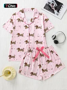 Women's Leopard Print Pyjama Set, Soft Breathable Fabric, Casual Fitted Short Sleeve Top and Shorts, All Seasons Sleepwear, Loungewear, Pajamas