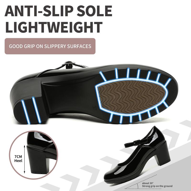 Women's Mary Jane Shoes, Round - Toe Chunky - Heel High - Heels with a 7CM Heel, Ankle - Strap Leather Casual High - Heels, Suitable for Formal Attire, Formal Occasions, Business and Suits Footwear Girl