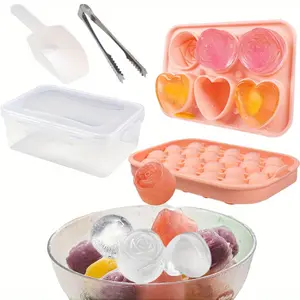 Silicone Ice Molds Fun Shapes Set, Heart Rose Ice Cube Mold, Small Round Ice Cube Tray, Makes 22 Sphere & 3 Heart 3 Rose Shape Ice Balls for Chilling Whiskey Cocktails, 2 Ice Trays with Bin Scoop Tong