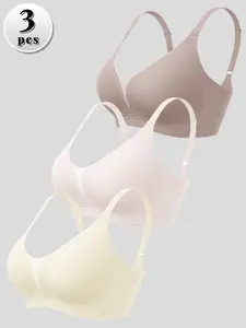 3 Pack Women's Wireless Minimalist Jelly Strip Bras, 3-Row Hook Firm No Digging Back, Soft Support Bust Lifting, Breathable Skin Friendly Fabric, Back Smoothing Shaping, Adjustable Straps All Season Versatile