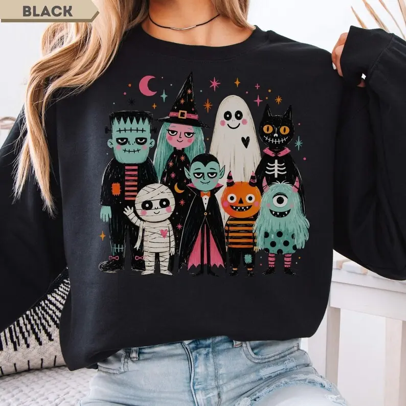 Halloween Characters Sweatshirt, Ghost, Witch, Mummy and Black Cat Spooky Season Crewneck