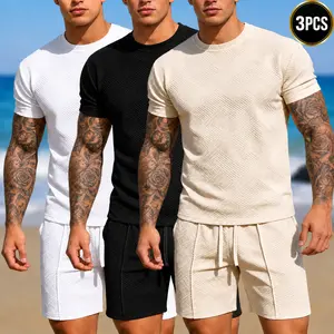 3-piece men’s solid-color textured set: lightweight, breathable T-shirt and shorts two-piece set, suitable for everyday wear, vacations, and outdoor activities.