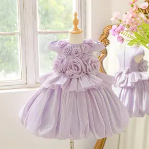 3-8Y Lilac 6106 Kids Clothes Big 3D Flower Girls Frock Ball Gown Pageant Children Elegant Princess Prom Host Formal Evening Party Banquet Cocktail Dress