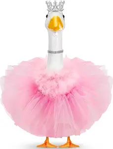 4 Pcs Princess Porch Goose Outfit for 23" 17" Cement Lawn Goose Costume Crown Necklace Tutu Skirt Feather Trim for Princess Outdoor Garden Lawn Art Decor