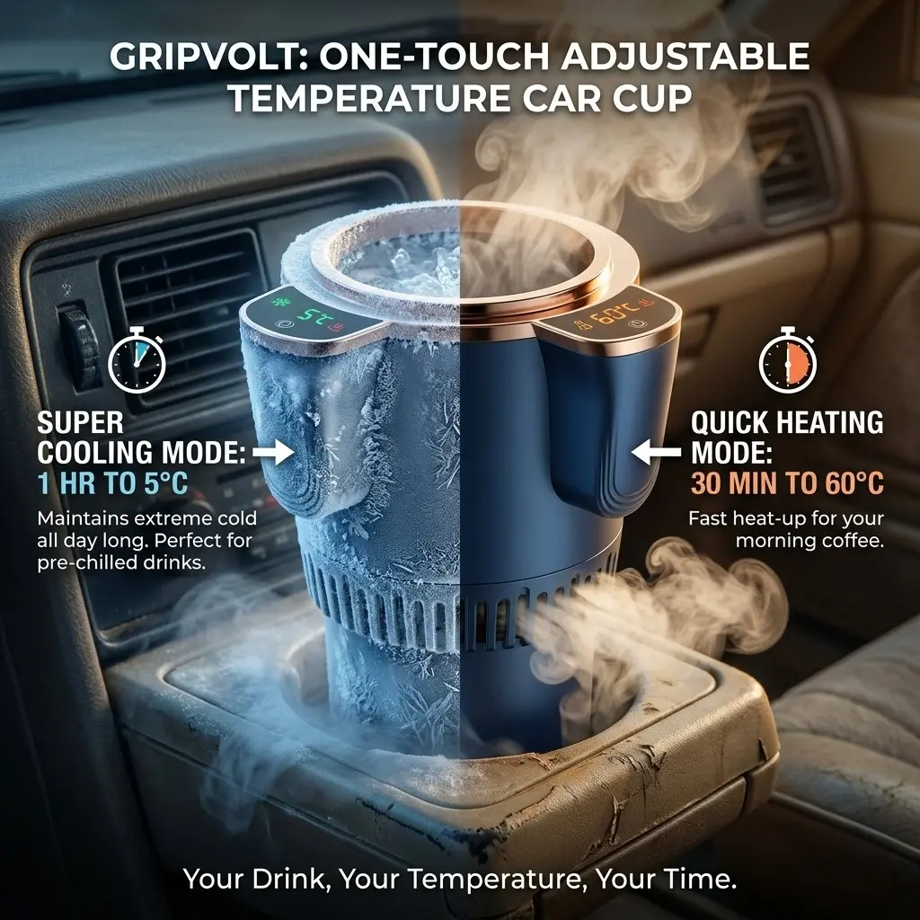 Gripvolt 12V drink chiller machine, Car Cup Holder Cooler and Warmer, 12 oz Beverage Heating & Cooling Mug with Touch Screen and Dual Functionality, Includes Aluminum Cup, Straw, Complete set, Ideal for Road Trips, Commute, Coffee & Baby Milk
