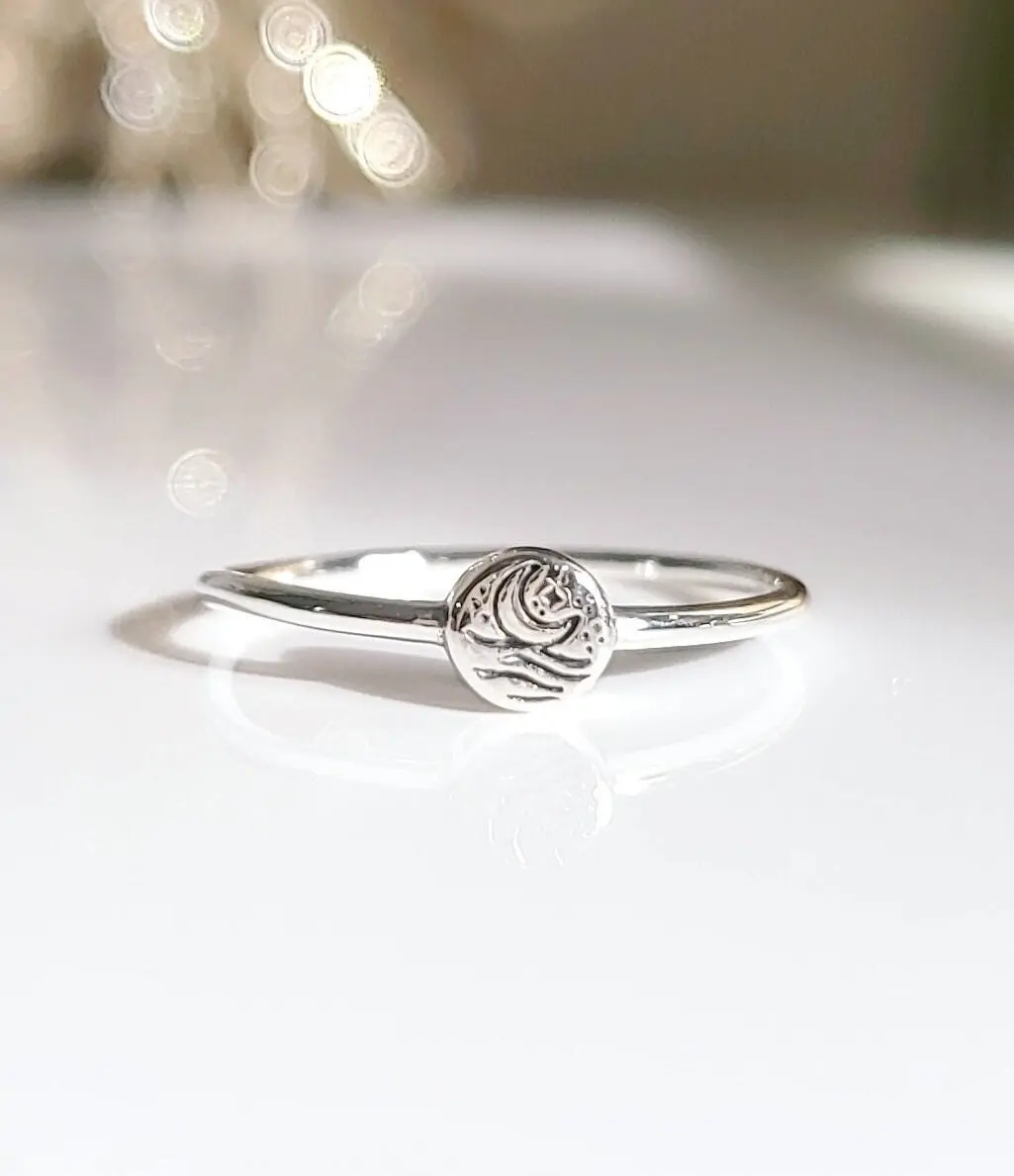 Sterling Silver Dainty Ocean Crescent Moon Ring