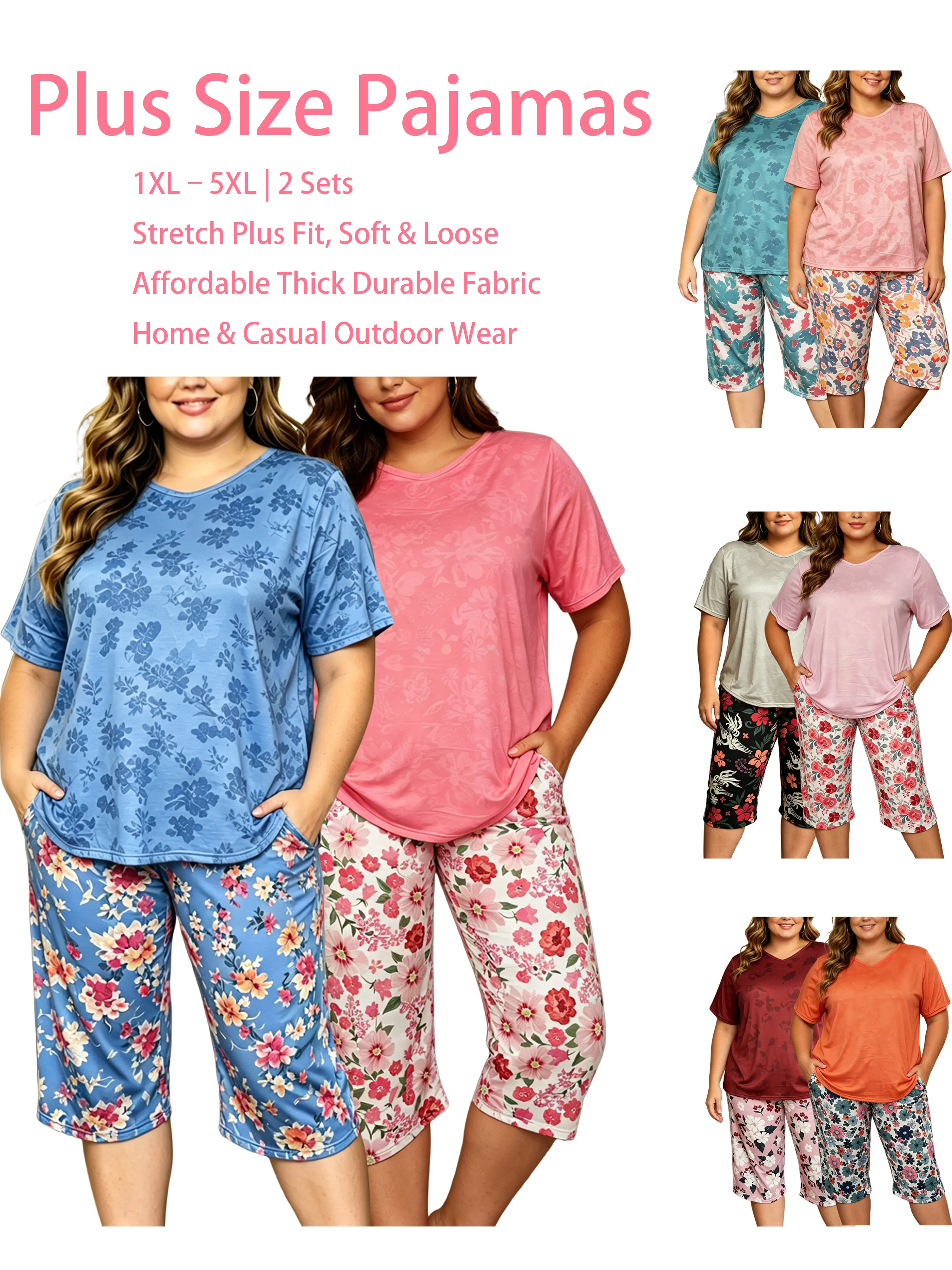 Women's Plus Size 1XL-5XL 2-Piece Shortsleeve Polyester Nightwear Set - Breathable Short-Sleeve Top & Capri Pants Loungewear (Free Choice of 2 Sets), Style, Casual, Round Neck, Wardrobe, Extra Large Pajamas Sets