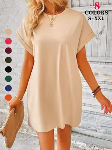 2026 Women's Plus Size Summer Basic Solid Color T Shirt Dress Crew Neck Batwing Short Sleeve Loose Casual Aesthetic Style Versatile Mini Dress