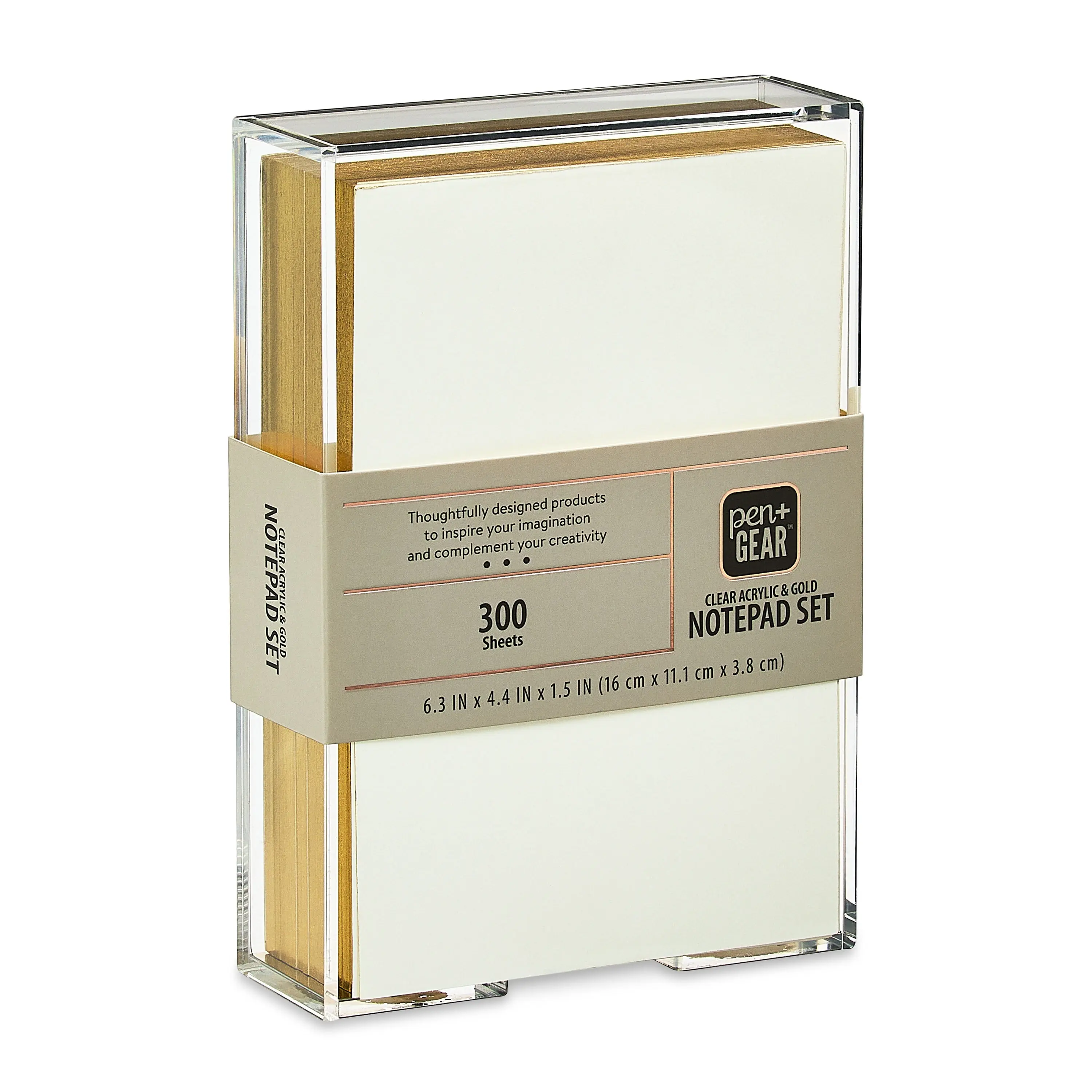Pen+Gear Acrylic Notepad Set, 6.3 in x 4.4 in x 1.5 in, 300 Sheets, Clear&Gold&White