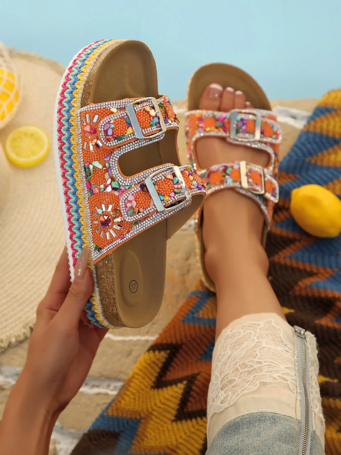 Women's Ethnic Style Rhinestone Thick Sole Sandals, Bohemian Summer Comfort Outdoor Shoes, Easy Match Vacation, Bohemian Trending Sandals, Boho Style Sandals, Fashionable Comfy Sandals
