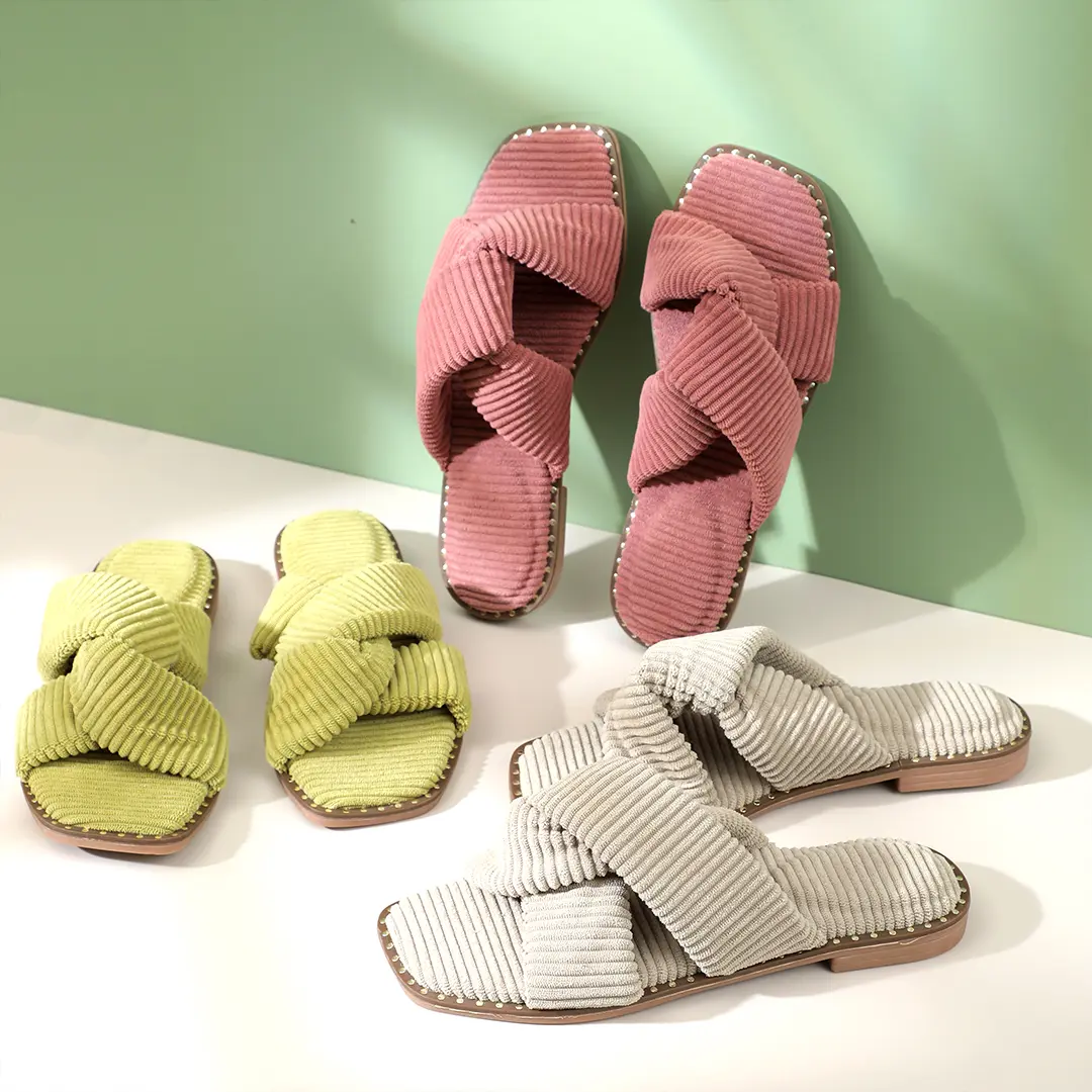 Roxoni Velvet Piping Flat Sandals for Women - Open Toe, Plain Pattern, Stylish Studs, Summer Dressy Footwear, Comfortable & Chic