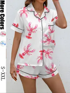 Women's 2-Piece Pajama Set, Lobster Print Sleepwear, Casual Summer, Soft Shirt Collar Top & Elastic Shorts, Home Comfort Wear, Loungewear