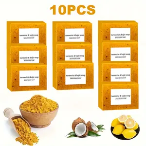 100g * 10pcs Ginger Yellow Soap Combination Pack, Lemon Turmeric Kojic Acid Ingredient Cleansing Bath Soap, Deep Cleansing, Moisturizing, Soothing Skin, Exfoliating, Balancing Oil, Whitening, Purifying Pores, Daily Bathing