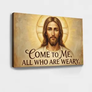 Religious Christian Symbol Faith Motif Scripture Verse Wall Art - Jesus Wood Framed Print with "Come To Me, All Who Are Weary" Quote, 1pc Home Decor Poster for Room, Artist Gift Ornament, Christian Symbol Prints