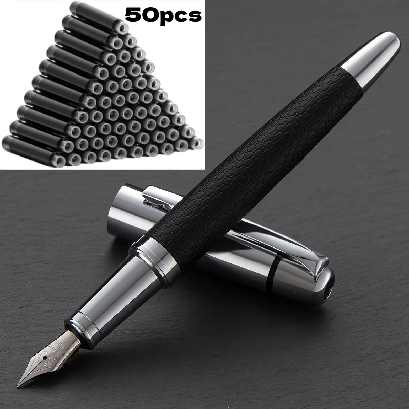 51-piece fountain pen ink cartridge set, 0.5 mm tip, stainless steel body, PU leather grip, hand-polished broad tip, refined craftsmanship, snap-closure cap, elegant and luxurious, suitable for a 2.6 mm diameter, deep and smooth texture, preferred student