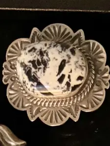 Ring, Fat Oval White Buffalo, stamped shield and rope bezel. M Spencer