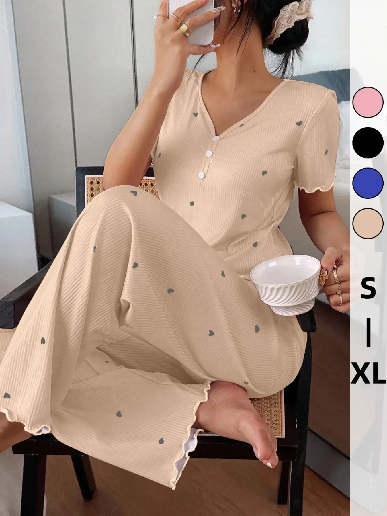 2-Piece Heart Print Pyjamas Pajama Set Pjs, Short Sleeve Fitted Top & Long Pants, Y2K Style, All-Season Wear, Multi-Color Options, Nighttime Fashion Casual Effortless Loungewear, Heart Pattern Sleepwear, Nightwear Womenswear, Pajama Clothes