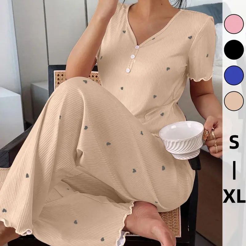 2-Piece Heart Print Pajama Set Pjs, Short Sleeve Fitted Top & Long Pants, Y2K Style, All-Season Wear, Multi-Color Options, Nighttime Fashion，Perfect for fall and winter; can be worn year-round