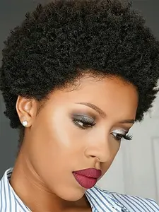 afro curly 10inch  pixie cut human hair wig machine made natural black color curly daily party cosplay use remy gluless human hair wig mother's day gift
