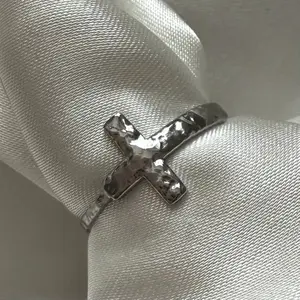 Silver Stainless Steel Hammered Jesus Cross Open Ring