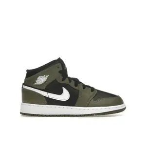 Jordan Kid's 1 Mid Black White Olive Basketball Shoes, from StockX