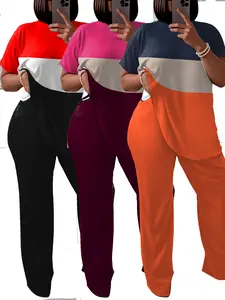 Women'S Large Size Color Block Casual Outfit - Comfortable Polyester Short Sleeve Top and Loose Wide Leg Pants Set, Machine Washable, Suitable for Fashion Casual Clothing, Plus Size Pants Women'S Plus Size Clothing