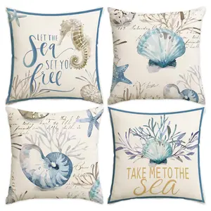 4pcs Marine Organism Pillow Cover, Seahorse, Conch Printed Pillow Cover, Sea Star, Shell Pillow Cover, Coral Seaweed Home Decoration Sofa Cushion Cover, Suitable for Room Living Room Sofa Bedroom Car Seat Decoration Cushion Cover (No Pillow Core)