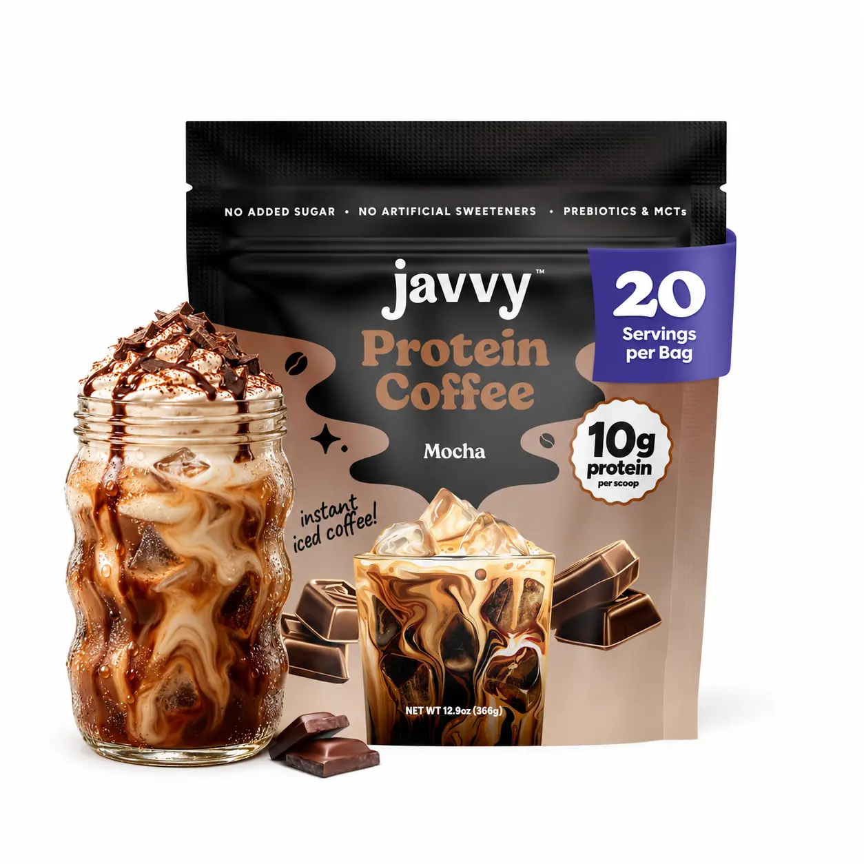 Javvy Mocha Protein Iced Coffee Beverage - Premium Whey Protein, Premium Arabica Coffee, 100% Natural Cold Brew, 0 Artificial Flavors & Sweeteners, 80 mg Caffeine Per Serving, No Added Sugar, 20 Servings