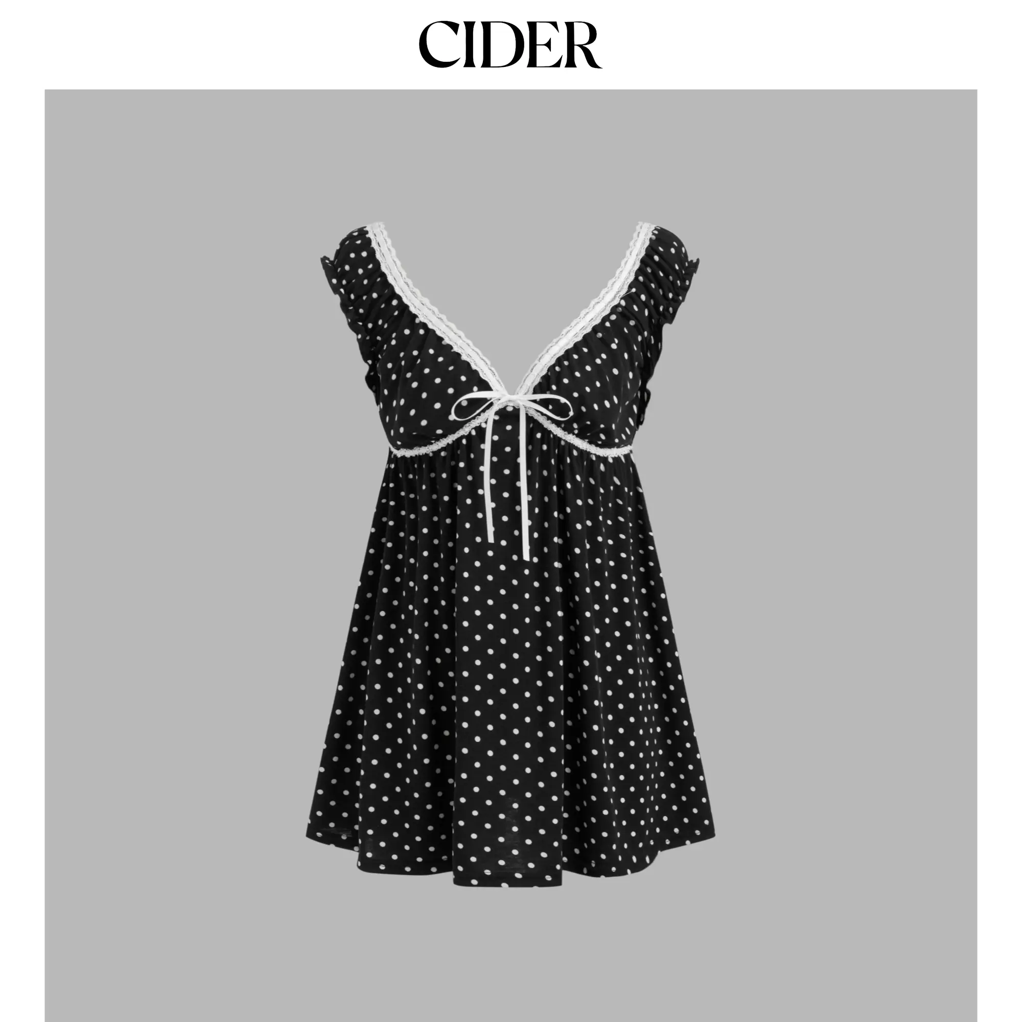 Cider [size 0-10] V-neck Polka Dot Lace Trim Bowknot Mini Dress, Casual, Polka Dot Dress, Lace Styles, Lace‑Bow Touch