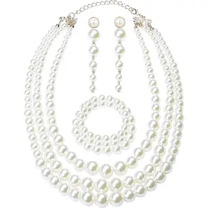 FINREZIO 4 Pcs White Elegant Faux Pearl Jewelry Set for Women Men Trendy Multi-Layer Pearl Necklace Gentle Dangle Earrings Stretch Bracelet Gorgeous Bridal Wedding Jewelry Set for Prom Party Bridesmaid Gift Giving