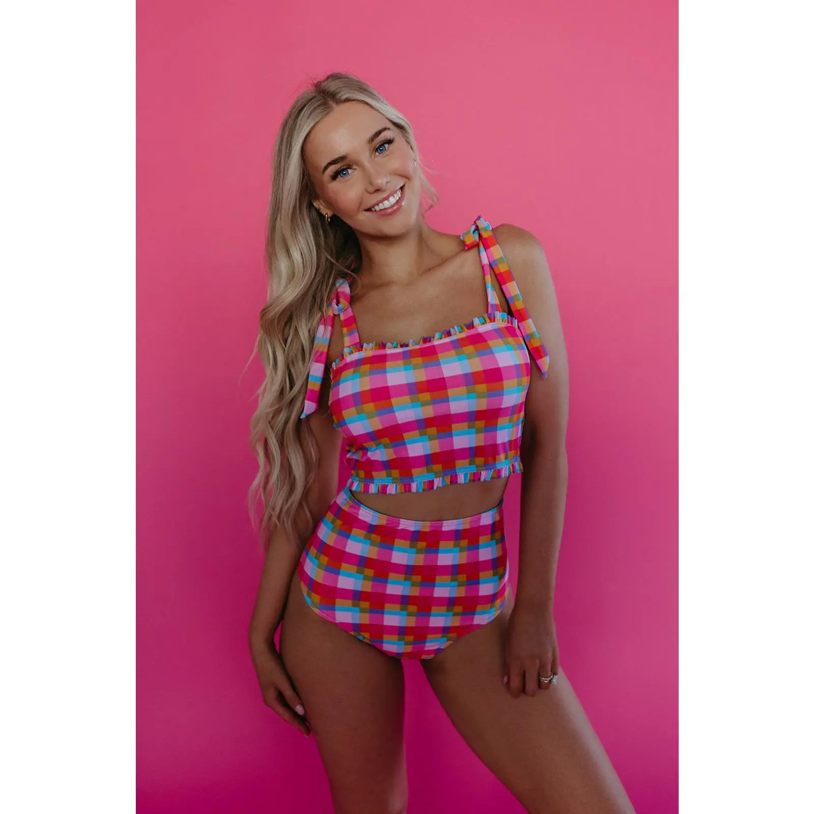RUFFLE TIE STRAP MIDKINI SWIM TOP IN PALM SPRINGS PLAID BY PINK DESERT