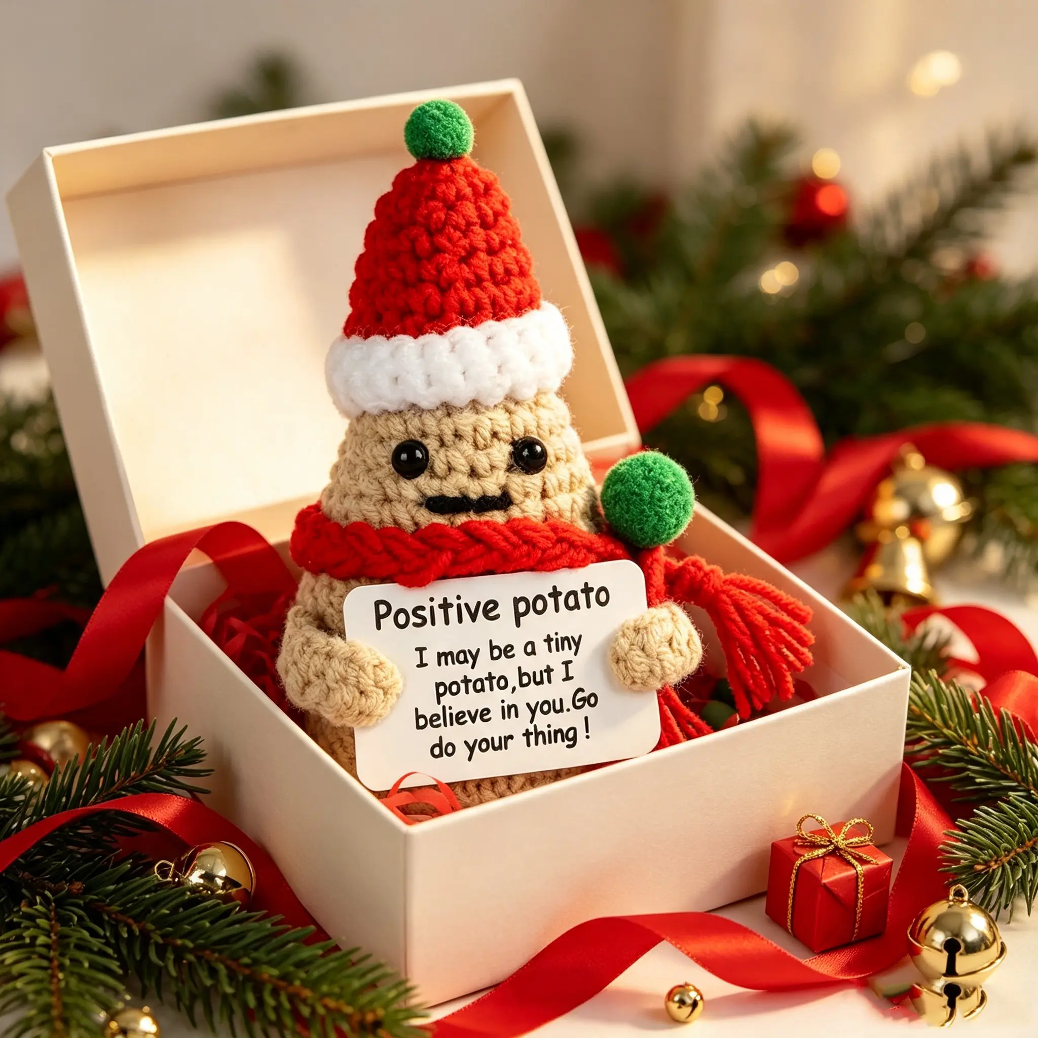 1 Pcs Cute Positive Potato Hand Crochet Doll with Greeting Card, Small Funny Knit Ornament, Uplifting Cheer Up Gift for Mom, Dad, Coworkers, Students, Xmas & Daily Home Decor