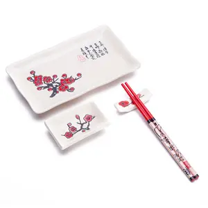 Thy Home 4-Piece Japanese Sushi Plate Dinnerware Set, White with Plum Blossom Design, Four-Pieces, Tableware