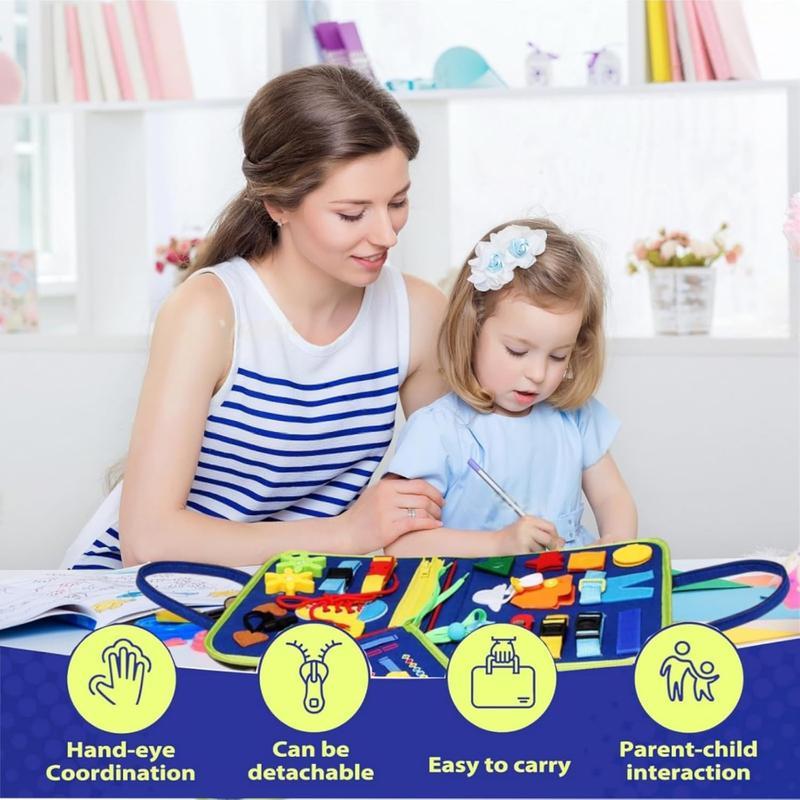 Summer Busy Board Montessori Toys for 1-3 Year Old Boys, Educational Sensory Busy Book for Toddlers 2-4, Learning Activities Toy for Airplane & Car Travel, Blue 3-Page Design