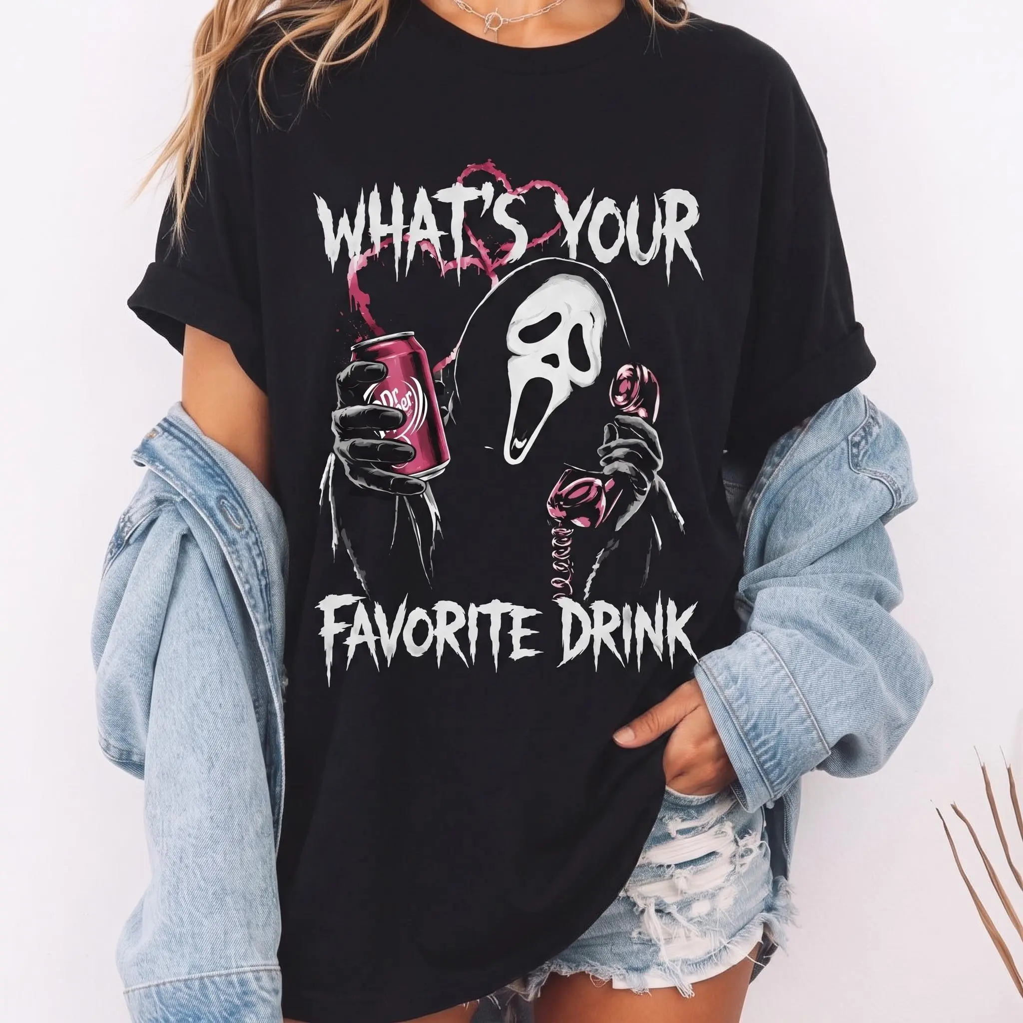 Whats Your Favorite Drink Shirt Retro Horror Movie Tee Funny Sarcastic Ghost Monster Graphic T-Shirt Aesthetic Gothic Spooky Apparel Heavy Metal Crewneck Sweatshirt Cozy Fall Pullover Hoodie Unique Gift for Horror Fan