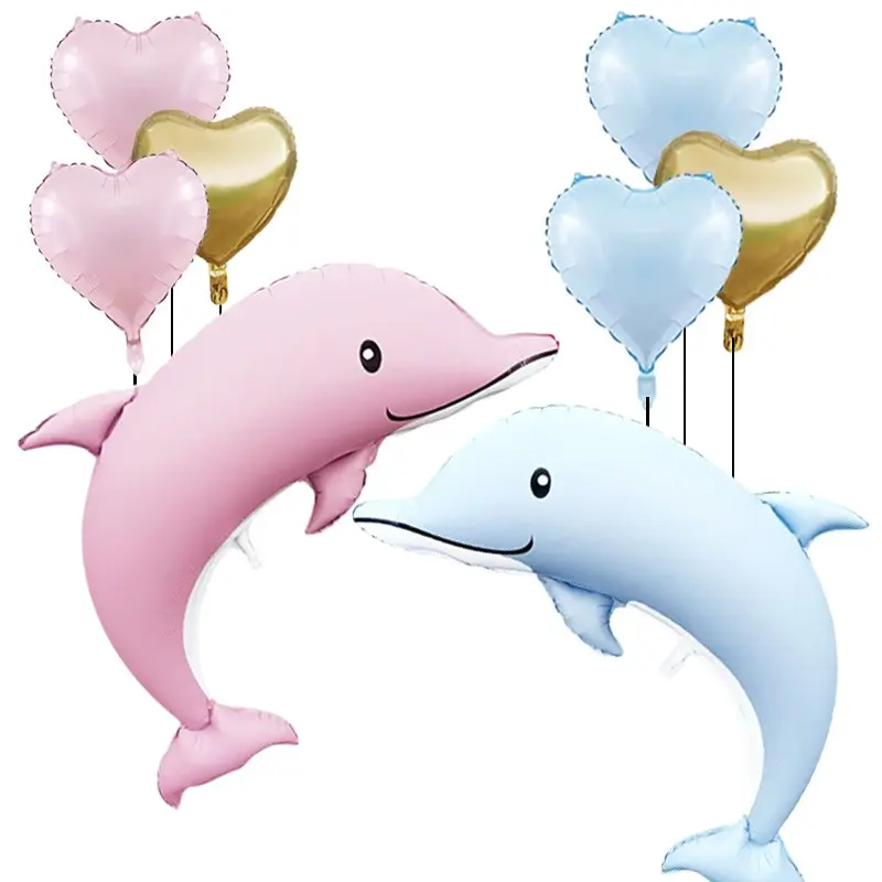 8-Piece Dolphin Shaped Balloon Decorations Kit with, Blue, Gold Heart Balloons, Perfect for Birthday Parties, Baby Gender Reveal, Welcome Parties