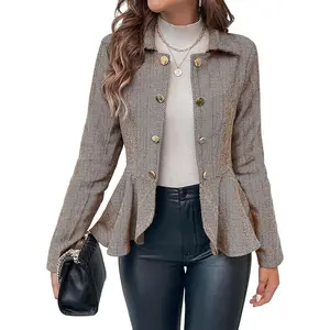 Imily Bela Elegant Women Blazer Business Work Office Peplum Hem Jacket Open Front Herringbone Coats