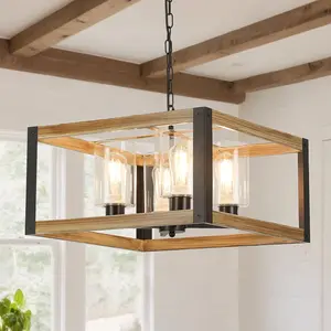 Farmhouse Square Chandelier, 20" Rustic Wood 4-Light Pendant Lamp for Dining Room Kitchen Island Living Room