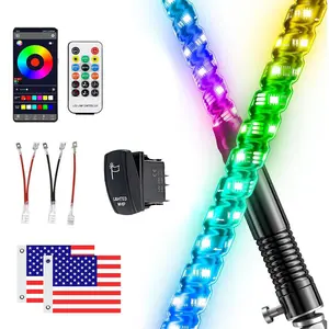 2FT Fat RGB LED Whip Lights  with App, Remote & Rocker Switch – Spiral Fiberglass Design for SXS UTV ATV RZR Can-Am Holiday Gift