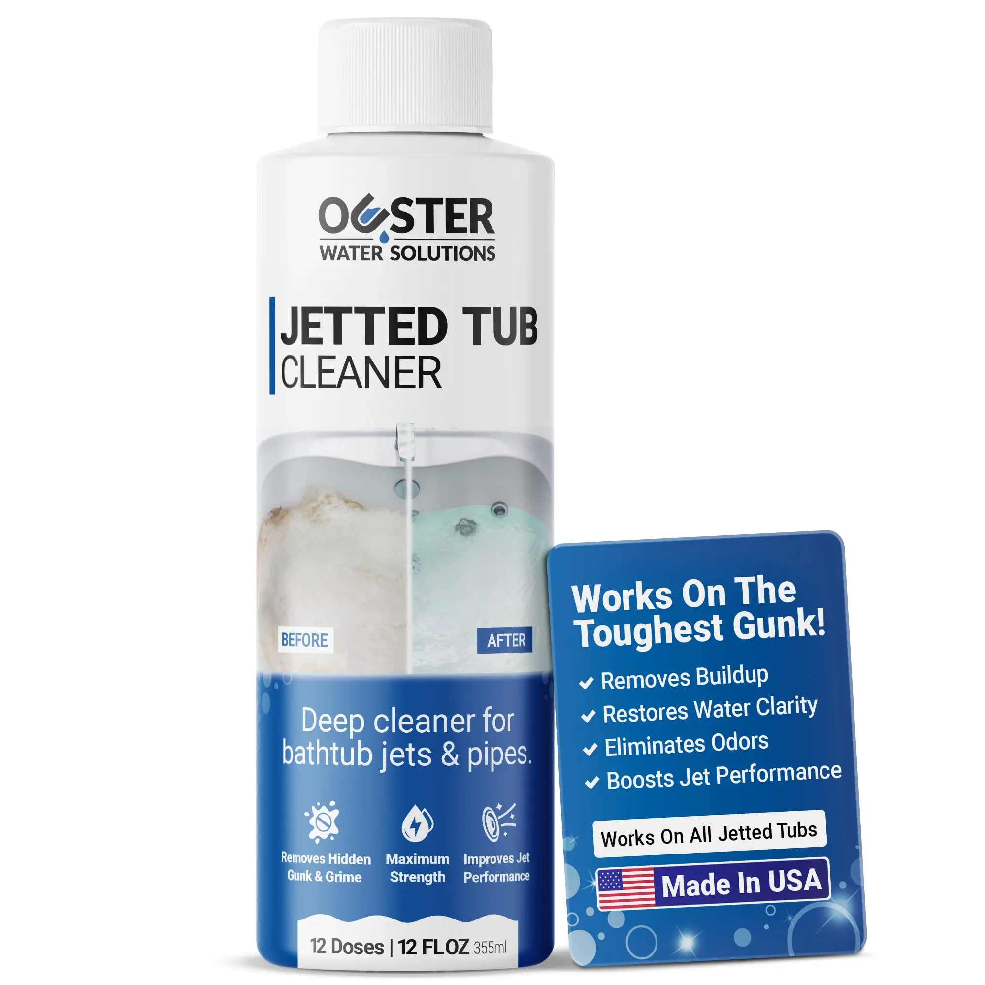 Ouster Jetted Tub Cleaner for Jacuzzi & Whirlpool Bathtub Jets - Removes Black Flakes, Soap Scum & Hidden Gunk - Septic Safe, Made in USA - Deep Clean Bath Jet Cleaner - 1 Year Supply, 12oz Bottle