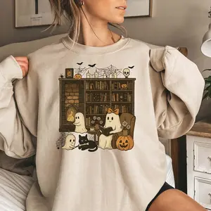 Cozy Ghost Reading Book Sweatshirt, Retro Halloween Book Lover Shirt, Teacher Halloween, Ghost Cat Pumpkin, Book Lover Shirt, Library Boo