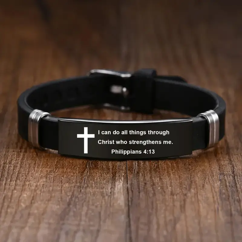 Christian Cross Bible Verse Bracelet Black Stainless Steel Inspirational Faith Bracelets for Men Women Jewelry konminry