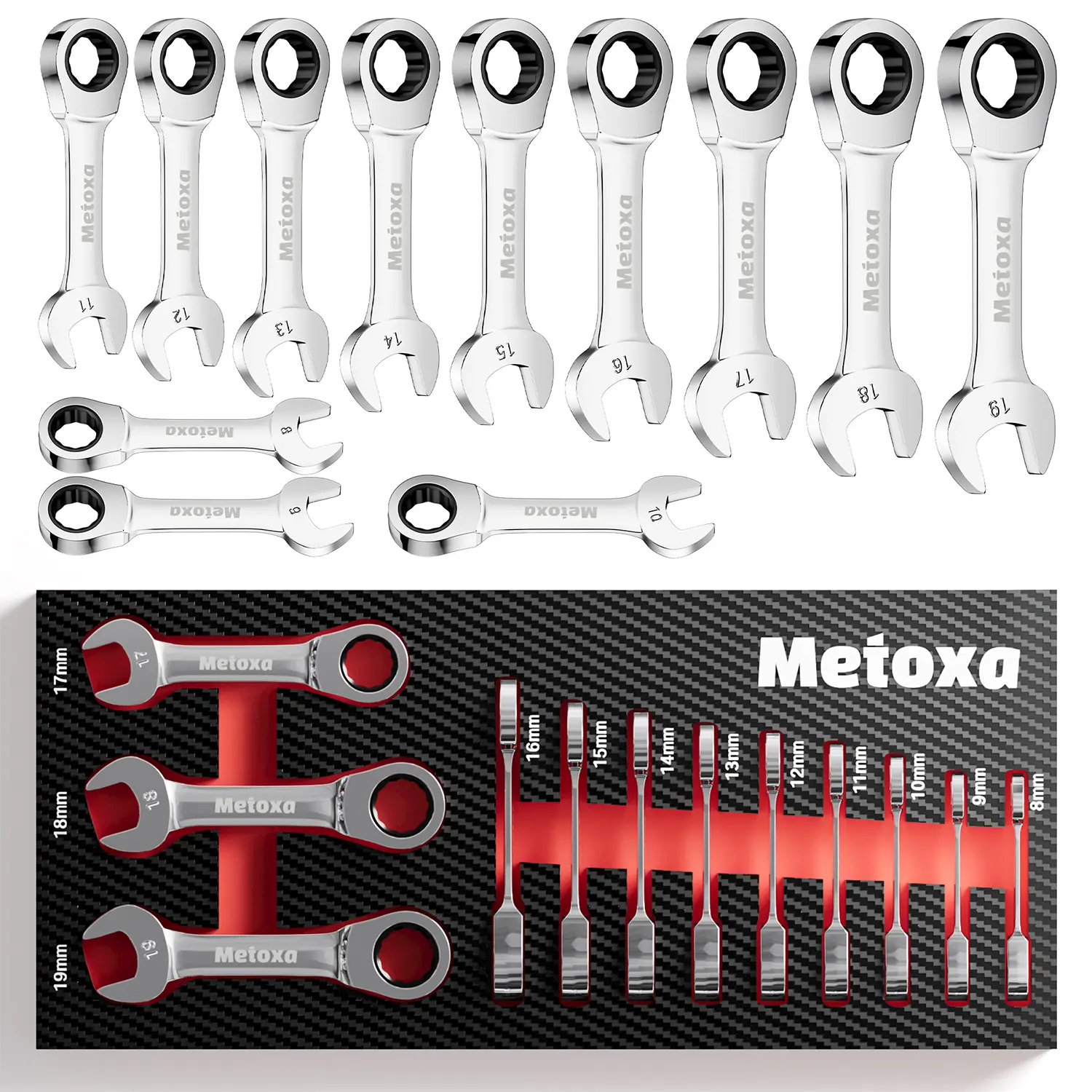 METOXA 12-Piece Metric Stubby Ratcheting Wrench Set, 8-19mm 90-Tooth CR-V Short Handle Combination Wrenches for Tight Spaces, Auto Repair, EVA Tray