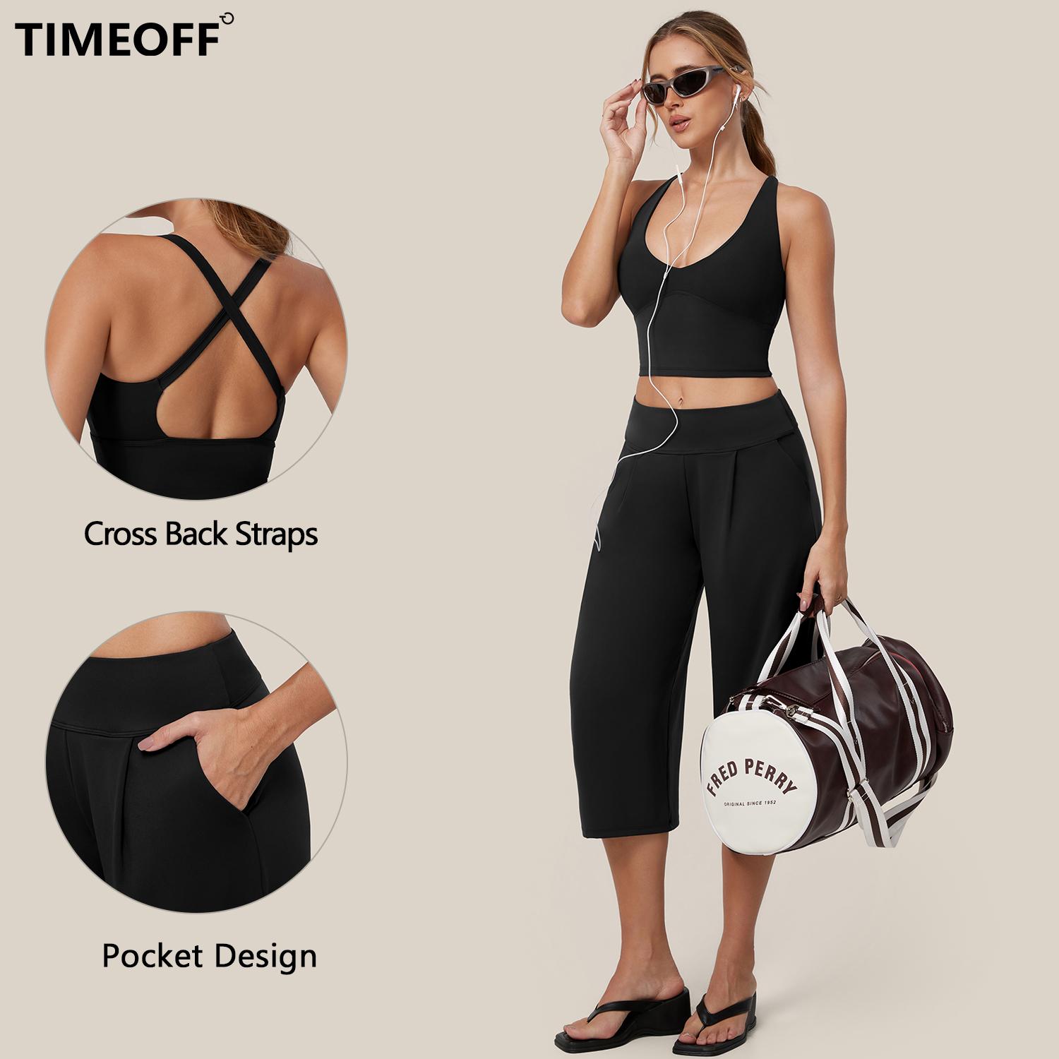 TIMEOFF Women's 2 Piece Active Outfit, Crisscross Back V-Neck Crop Sports Bra & High Waist Pocket Culottes, Soft Stretchy Fabric, Convenient Storage for Yoga, Workout & Daily Casual Streetwear summerwins