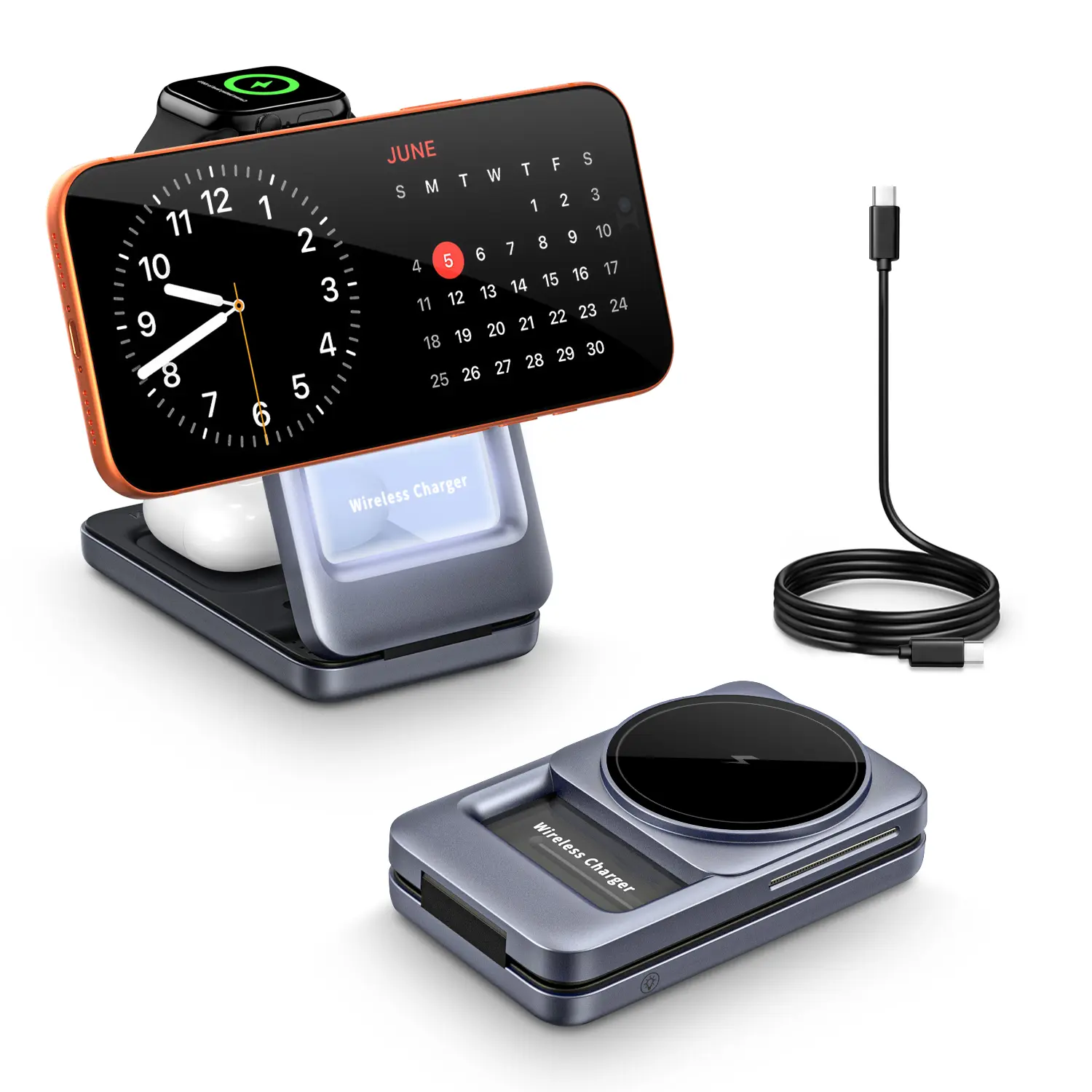 Three-in-one Magnetic Wireless Charging Station with Night Light Foldable Stand for iPhone 12-16 Series Apple Watch 1-10 Ultra SE Functional Metal Cooling Vents Ultra-Portable Design Induction Bluetooth Speaker Clear HD Privacy Screen Protector Kit