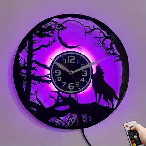 Wolf Howling Moon Forest Vinyl Record Wall Clock, Christmas Halloween Birthday Gift, Home Office Cafe Kitchen Decor, LED Night Light Seven Colors