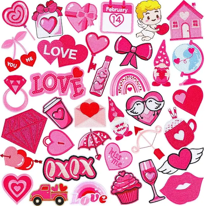 36pcs Valentine's Day Iron On Patches Pink Heart Embroidered Sew Applique Repair Patch DIY Crafts for Clothing Jacket Jeans Pants Dress Backpack Hat Decorations